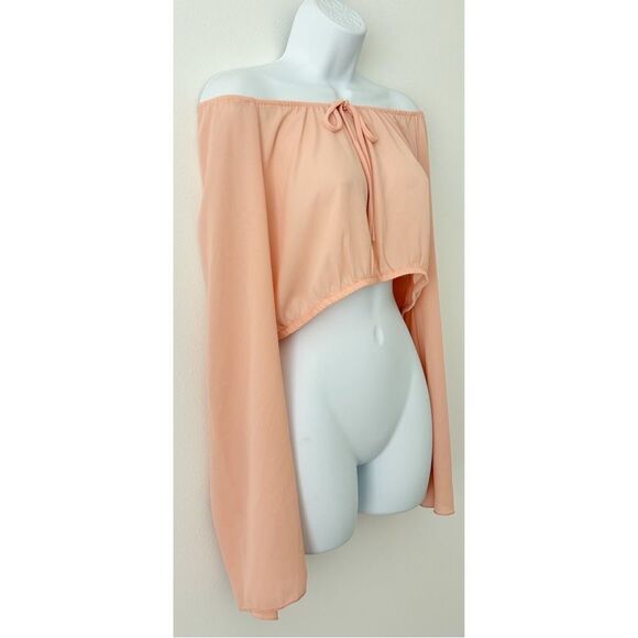 Tobi Peach Off-Shoulder Flowy Sheer Long Sleeve Cropped Top | Size L - Picture 4 of 10
